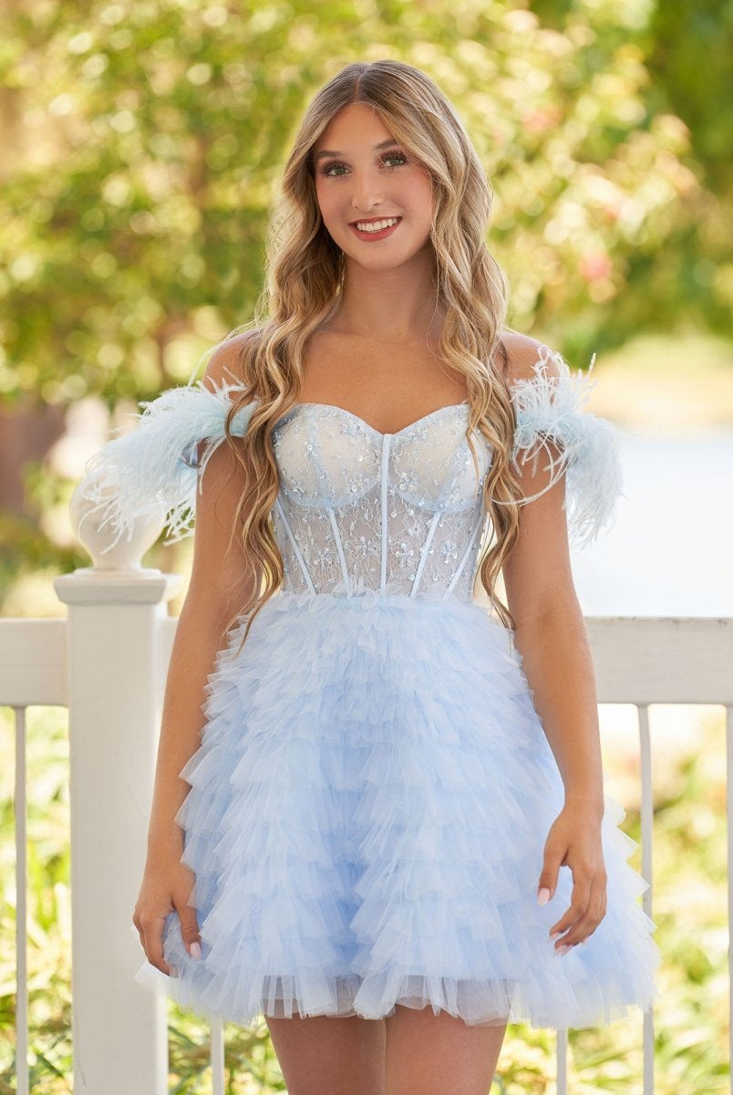 Olivia | A Line Off the Shoulder Sky Blue Homecoming Dress with Feather - KissProm