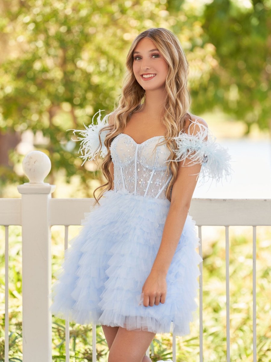 Olivia | A Line Off the Shoulder Sky Blue Homecoming Dress with Feather - KissProm