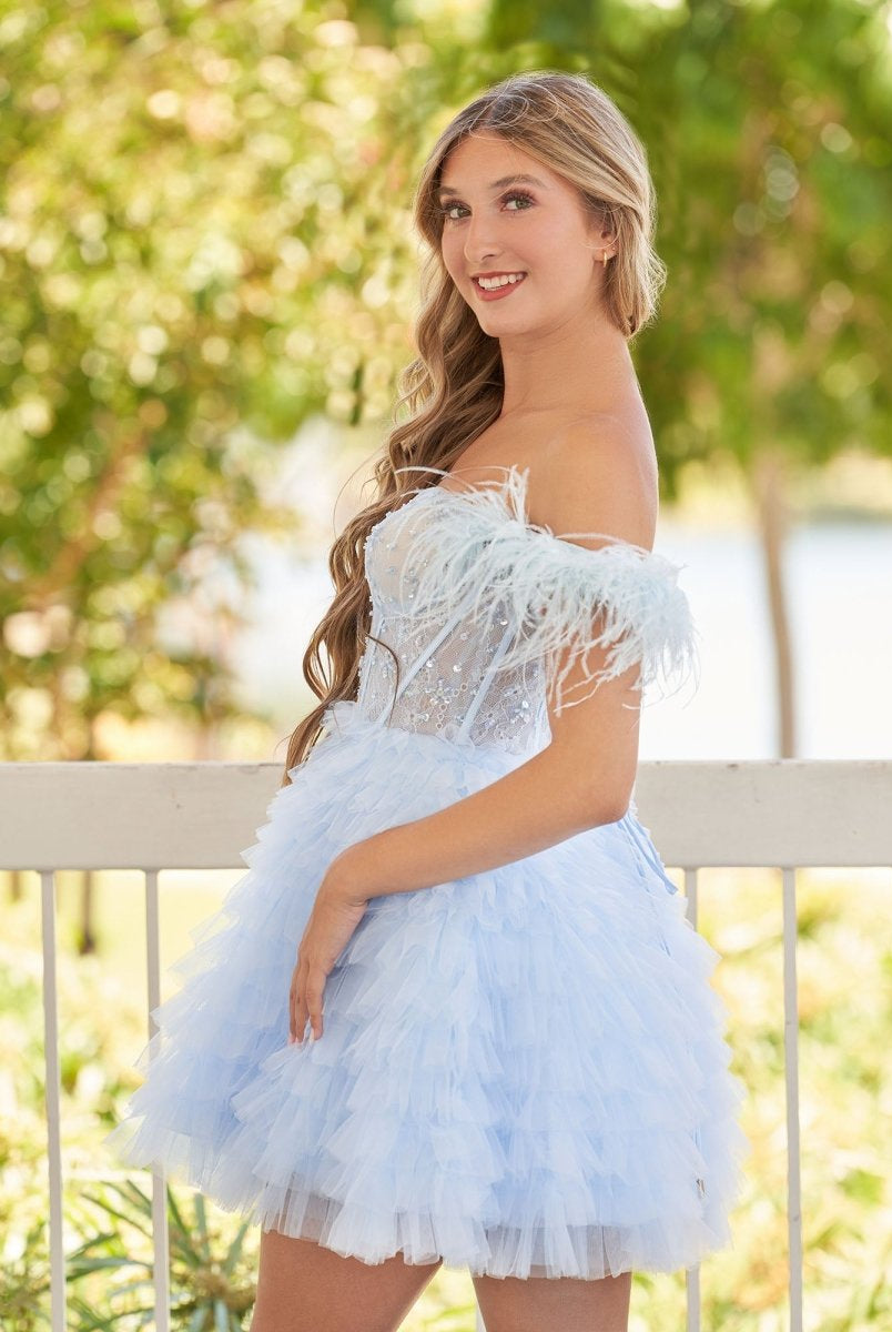 Olivia | A Line Off the Shoulder Sky Blue Homecoming Dress with Feather - KissProm