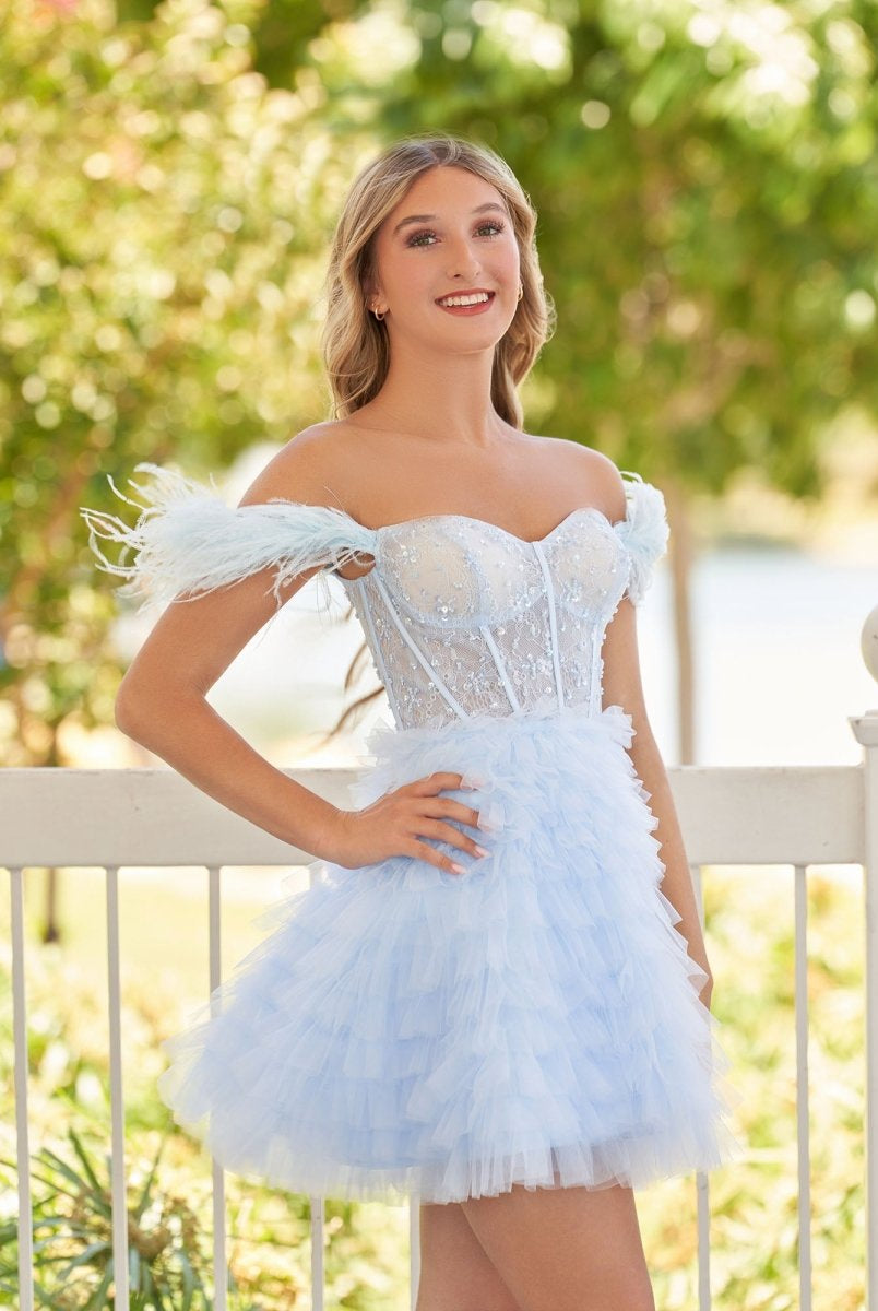 Olivia | A Line Off the Shoulder Sky Blue Homecoming Dress with Feather - KissProm