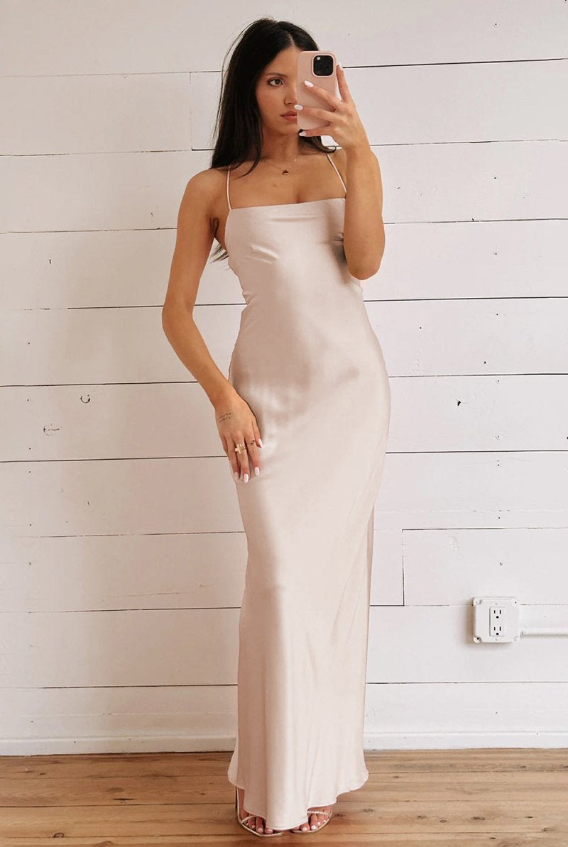 Olwia | Champagne - Spaghetti Straps Sheath Satin Lace Up Long Prom Dresses - KissProm