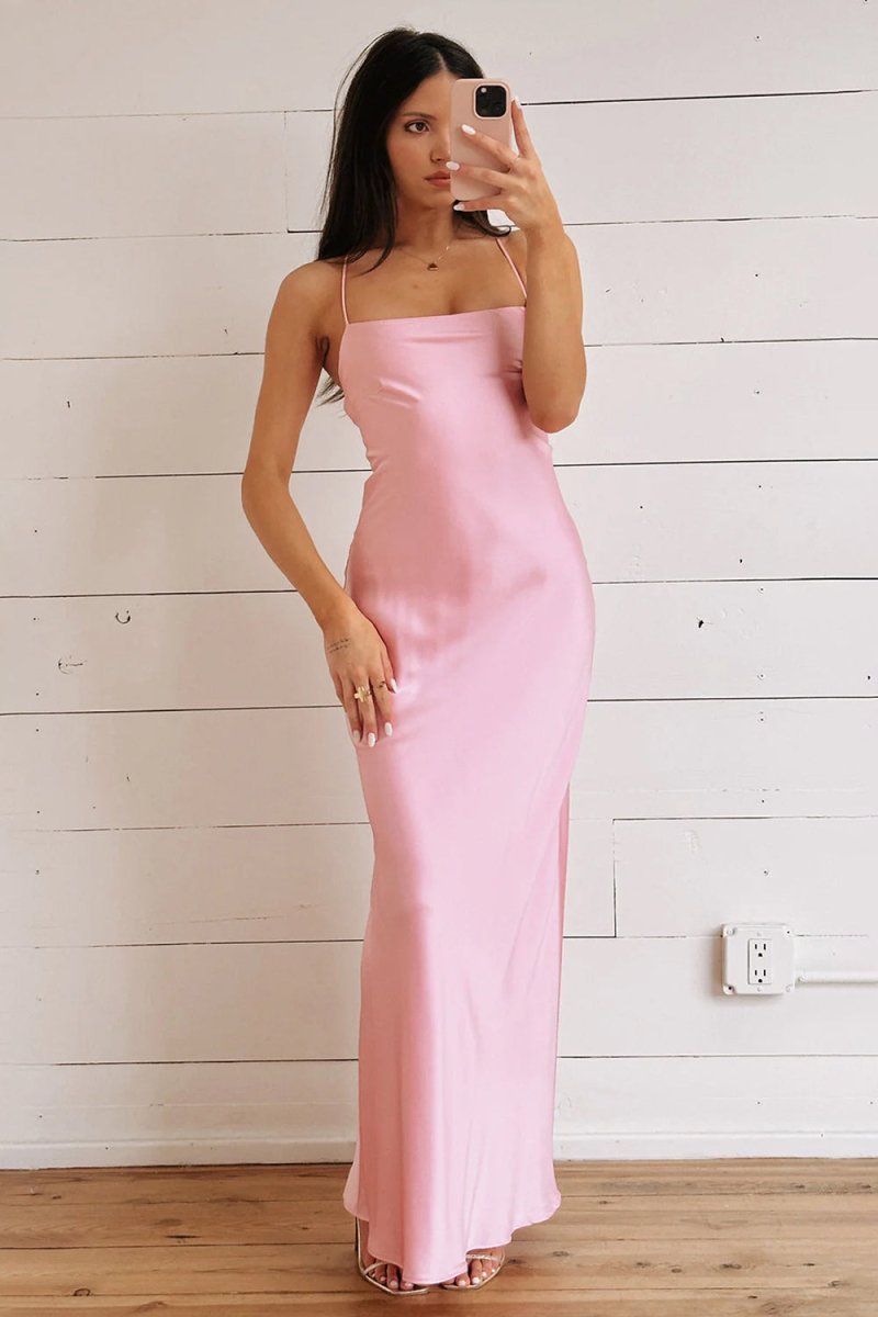 Olwia | Pink - Spaghetti Straps Sheath Satin Lace Up Long Prom Dresses - KissProm