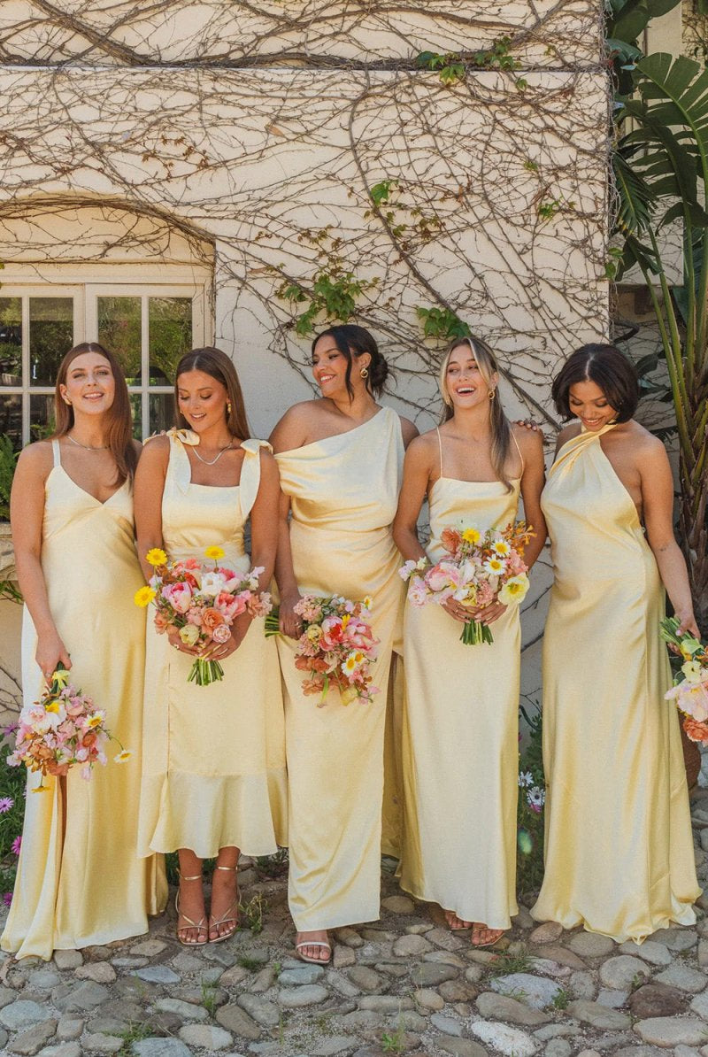 Olwia | Yellow - Spaghetti Straps Sheath Satin Lace Up Long Prom Dresses - KissProm