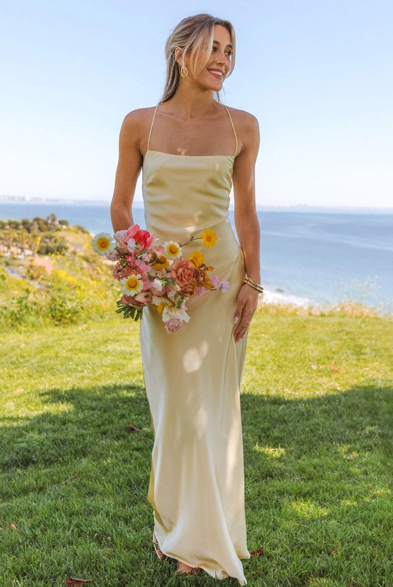 Olwia | Yellow - Spaghetti Straps Sheath Satin Lace Up Long Prom Dresses - KissProm