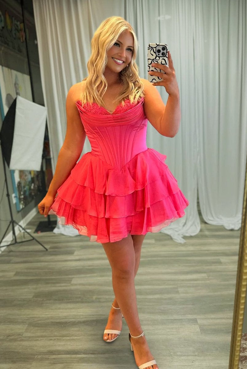 Olyssia | Coral - A-Line Sweetheart Corset Ruffle Homecoming Dress With Applique