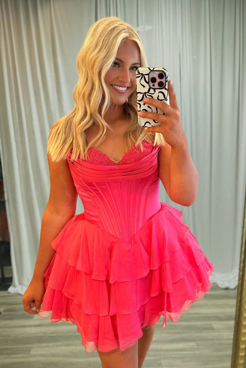 Olyssia | Coral - A-Line Sweetheart Corset Ruffle Homecoming Dress With Applique