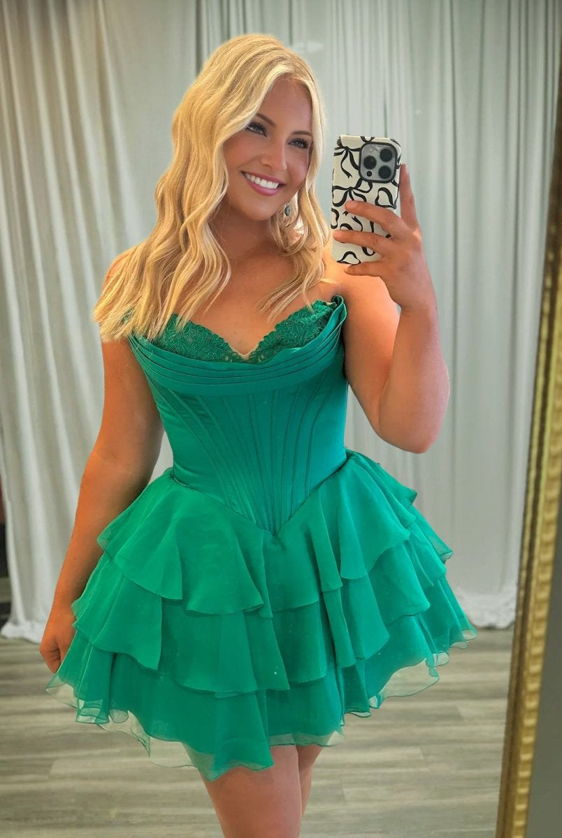 Olyssia | Emerald - A-Line Sweetheart Corset Ruffle Homecoming Dress With Applique