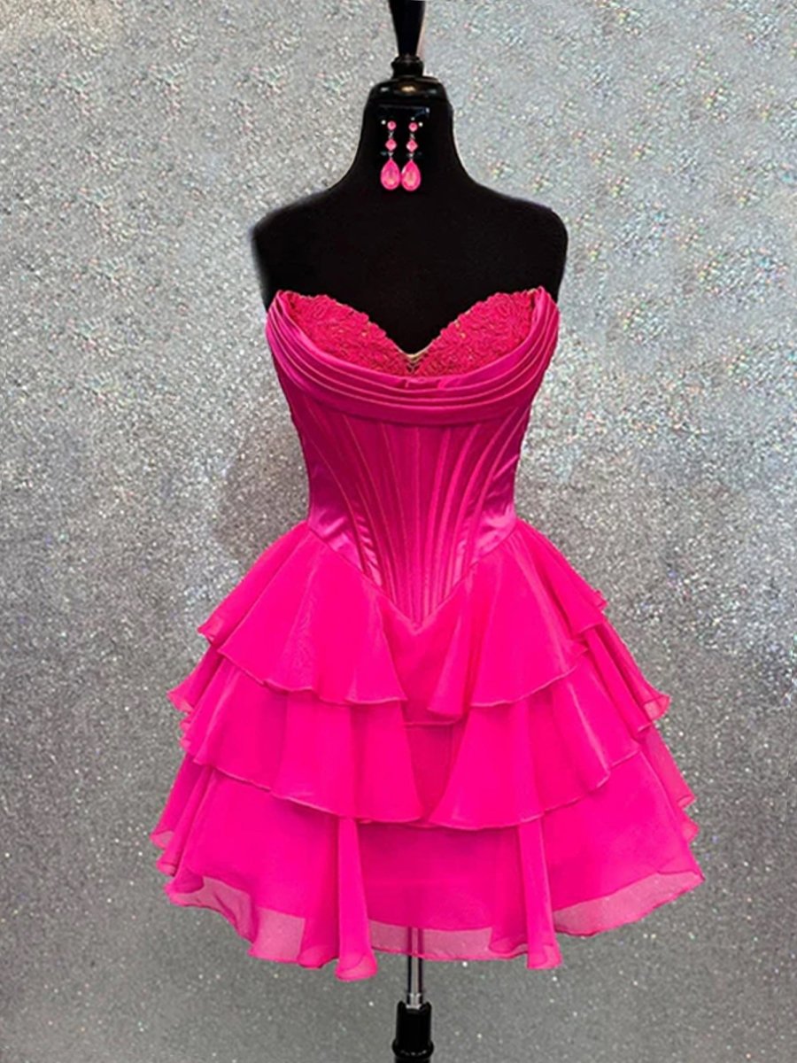 Olyssia | Fuchsia - A-Line Sweetheart Corset Ruffle Homecoming Dress With Applique