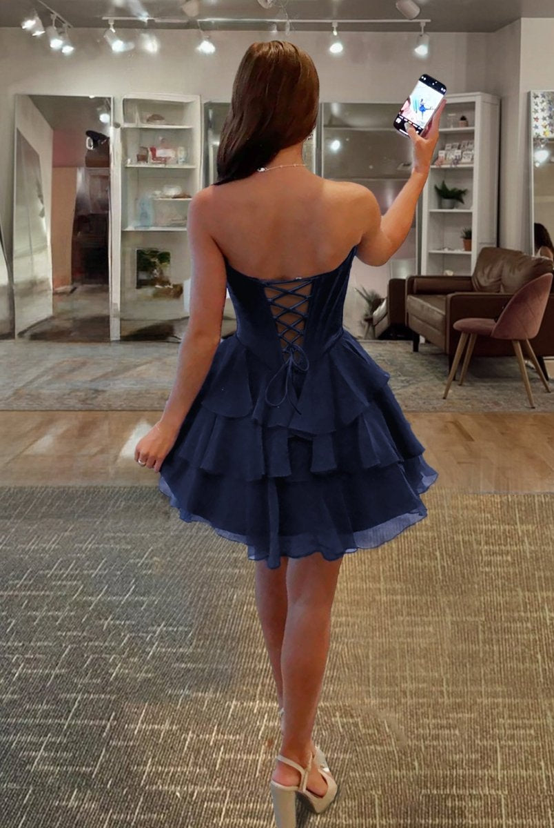 Olyssia | Navy Blue - A-Line Sweetheart Corset Ruffle Homecoming Dress With Applique