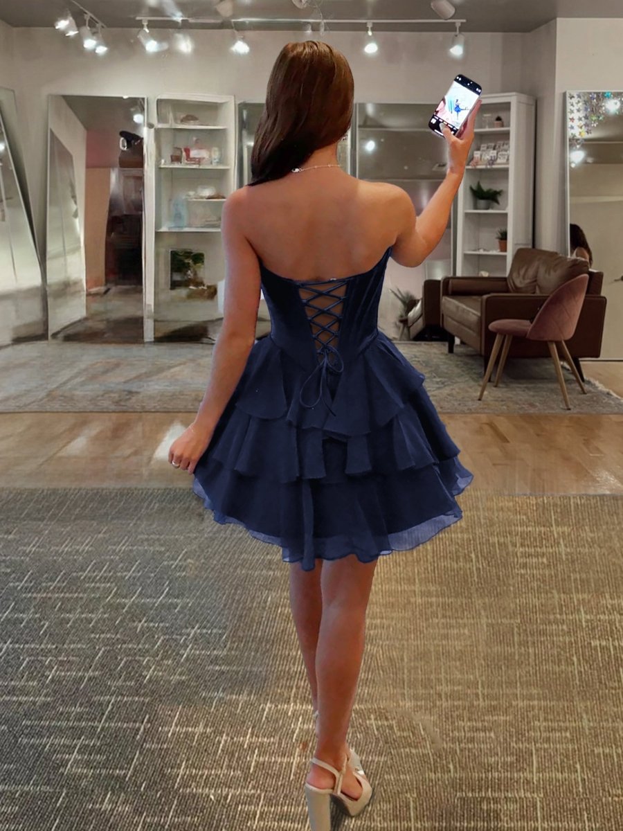 Olyssia | Navy Blue - A-Line Sweetheart Corset Ruffle Homecoming Dress With Applique