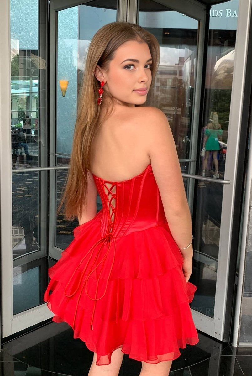 Olyssia | Red - A-Line Sweetheart Corset Ruffle Homecoming Dress With Applique