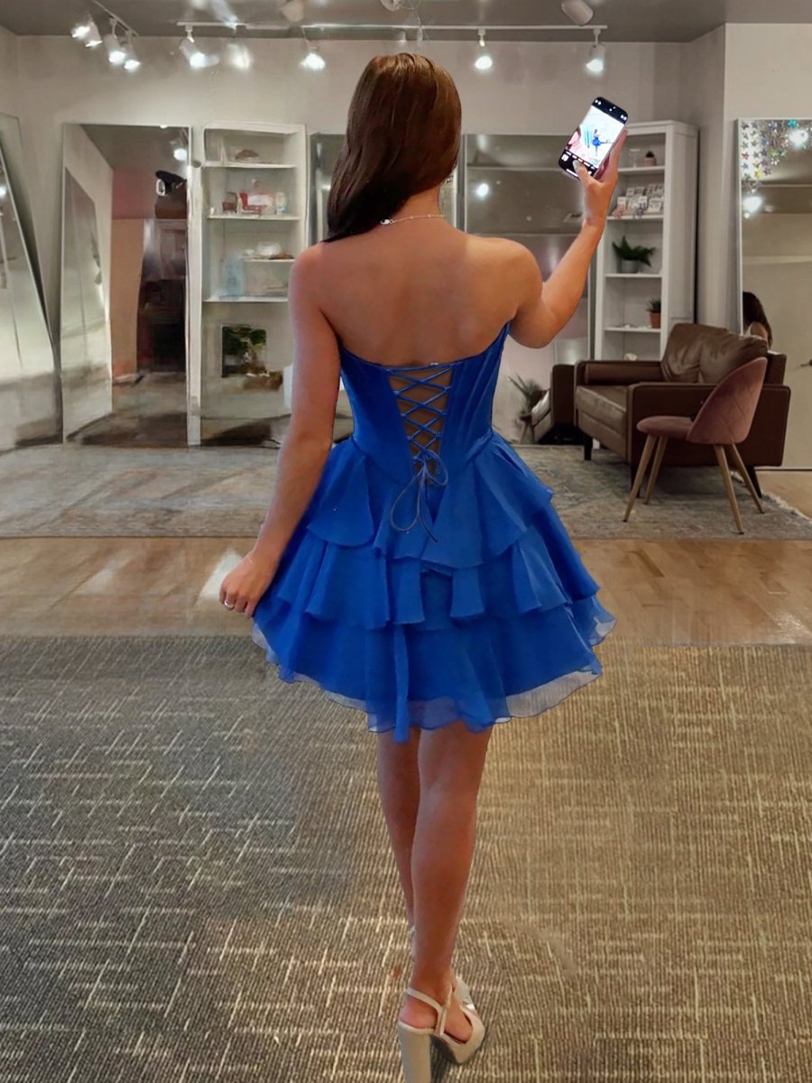 Olyssia | Royal Blue - A-Line Sweetheart Corset Ruffle Homecoming Dress With Applique