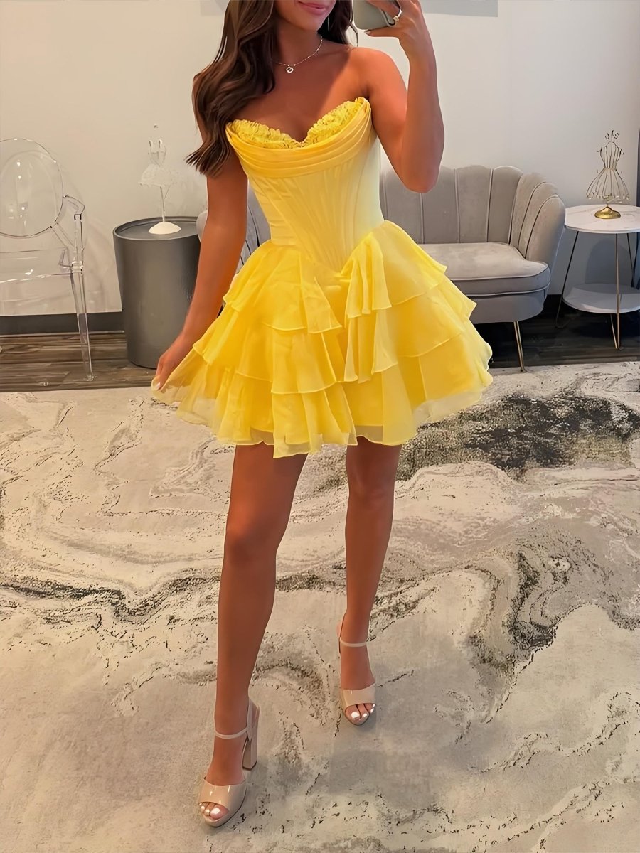 Olyssia | Yellow - A-Line Sweetheart Corset Ruffle Homecoming Dress With Applique