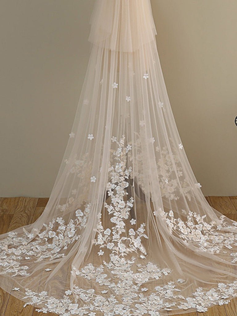 Ombre Champagne Floral Lace Ivory Cathedral Veil with Blusher Bridal Veil Wedding Veil - KissProm