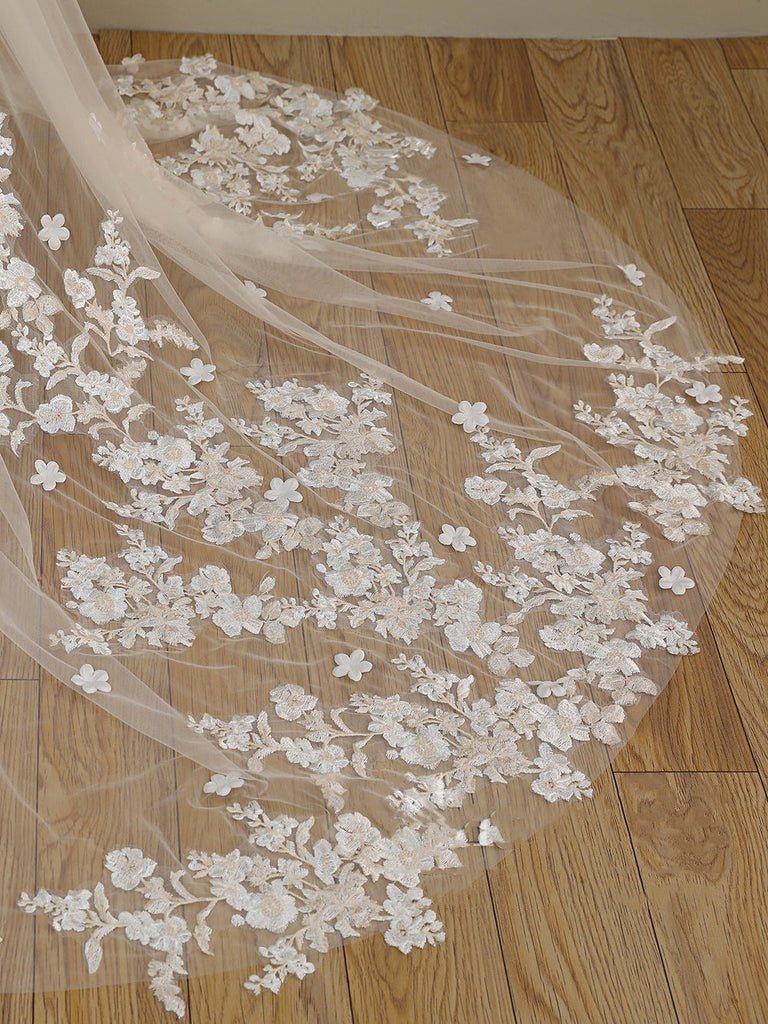Ombre Champagne Floral Lace Ivory Cathedral Veil with Blusher Bridal Veil Wedding Veil - KissProm