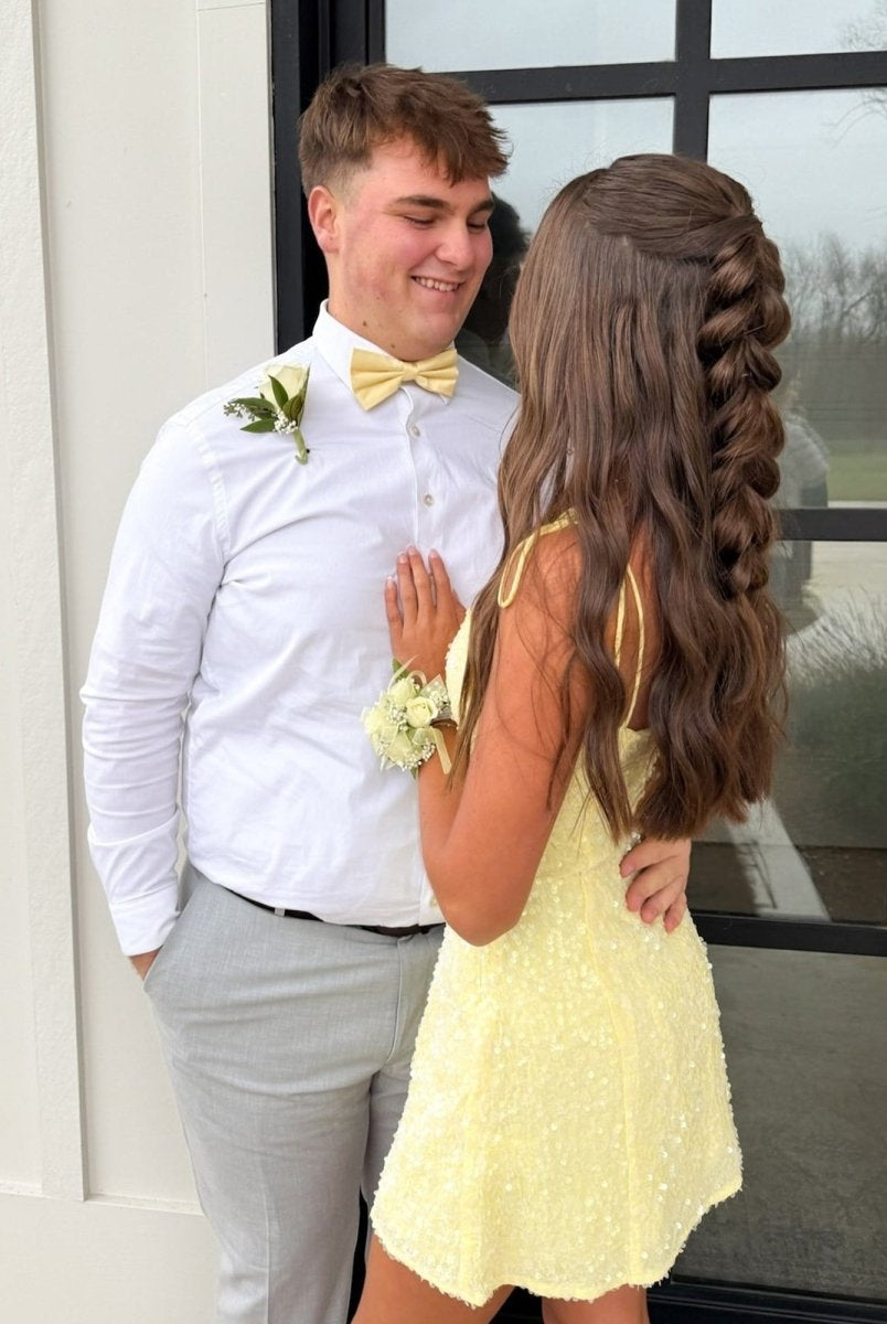 Omia | Yellow - Spaghetti Straps A Line Sequins Short Homecoming Dresses