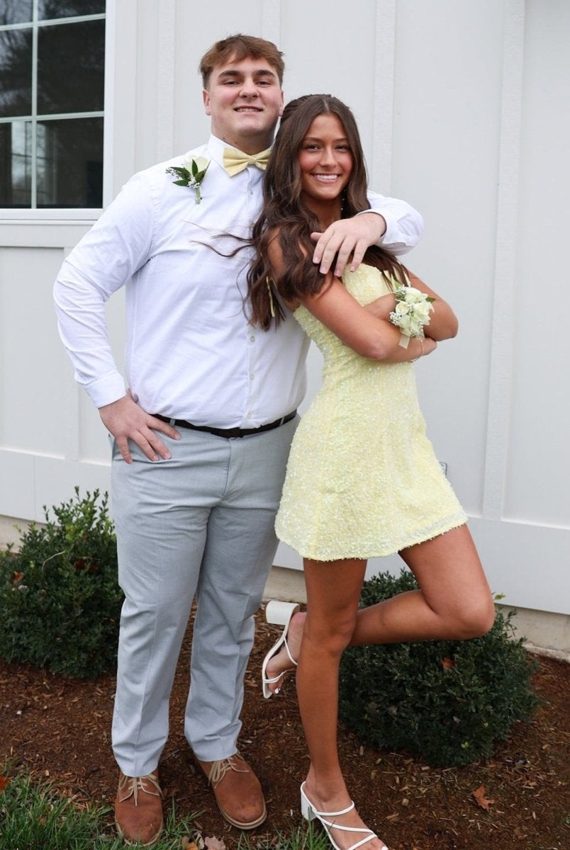 Omia | Yellow - Spaghetti Straps A Line Sequins Short Homecoming Dresses