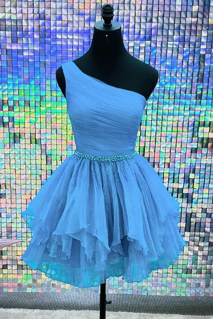 Seren | One - Shoulder Beaded Ruffle Homecoming Dress in Blue - KissProm
