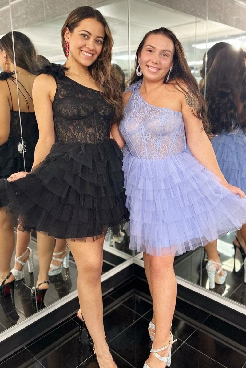 Maelie | One-Shoulder Black Lace Ruffle Tiered Short Homecoming Dress