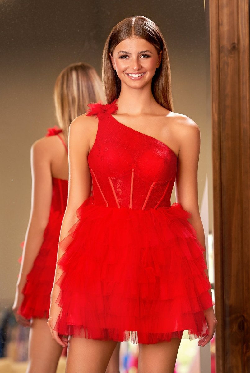 Maelie | One Shoulder Red Lace Corset Ruffle Short Homecoming Dress - KissProm