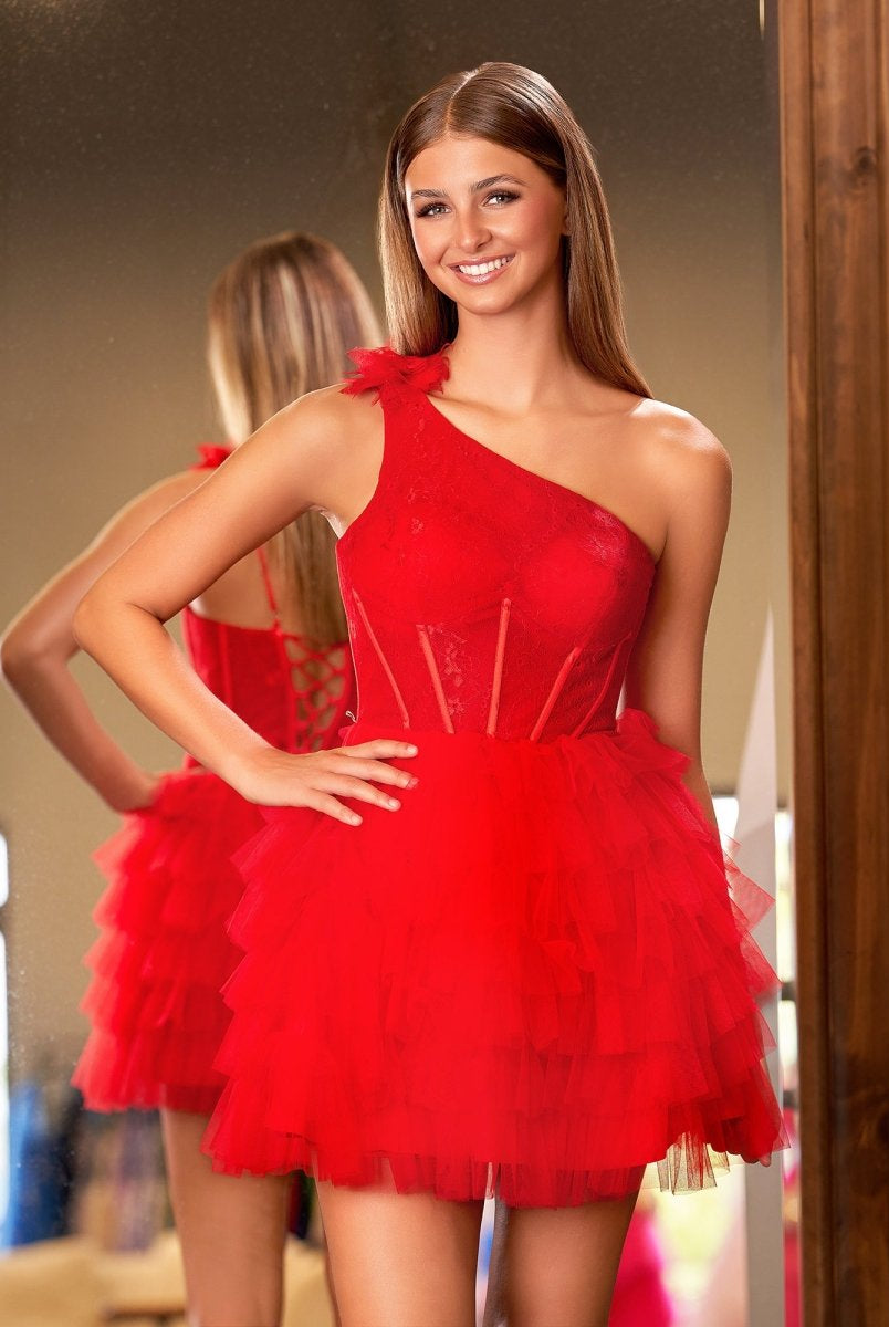 Maelie | One Shoulder Red Lace Corset Ruffle Short Homecoming Dress - KissProm