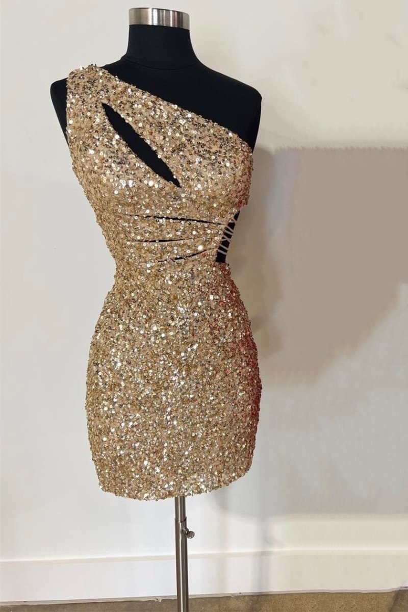Gold One Shoulder Cutout Sequin Tight Mini Party Dresses Gold One Shoulder Cutout Sequin Tight Mini Party Dresses