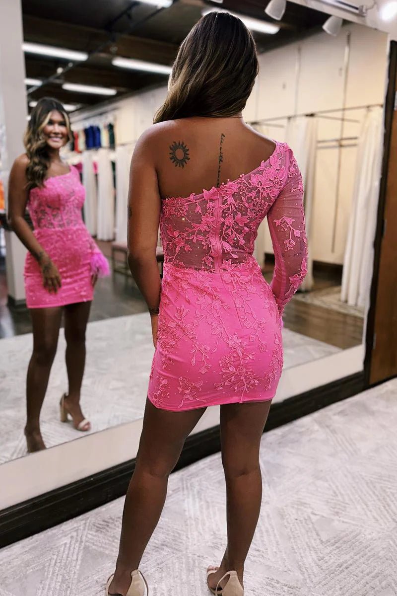 Jonella | One Shoulder Hot Pink Long Sleeve Appliques Sheath Homecoming Dress