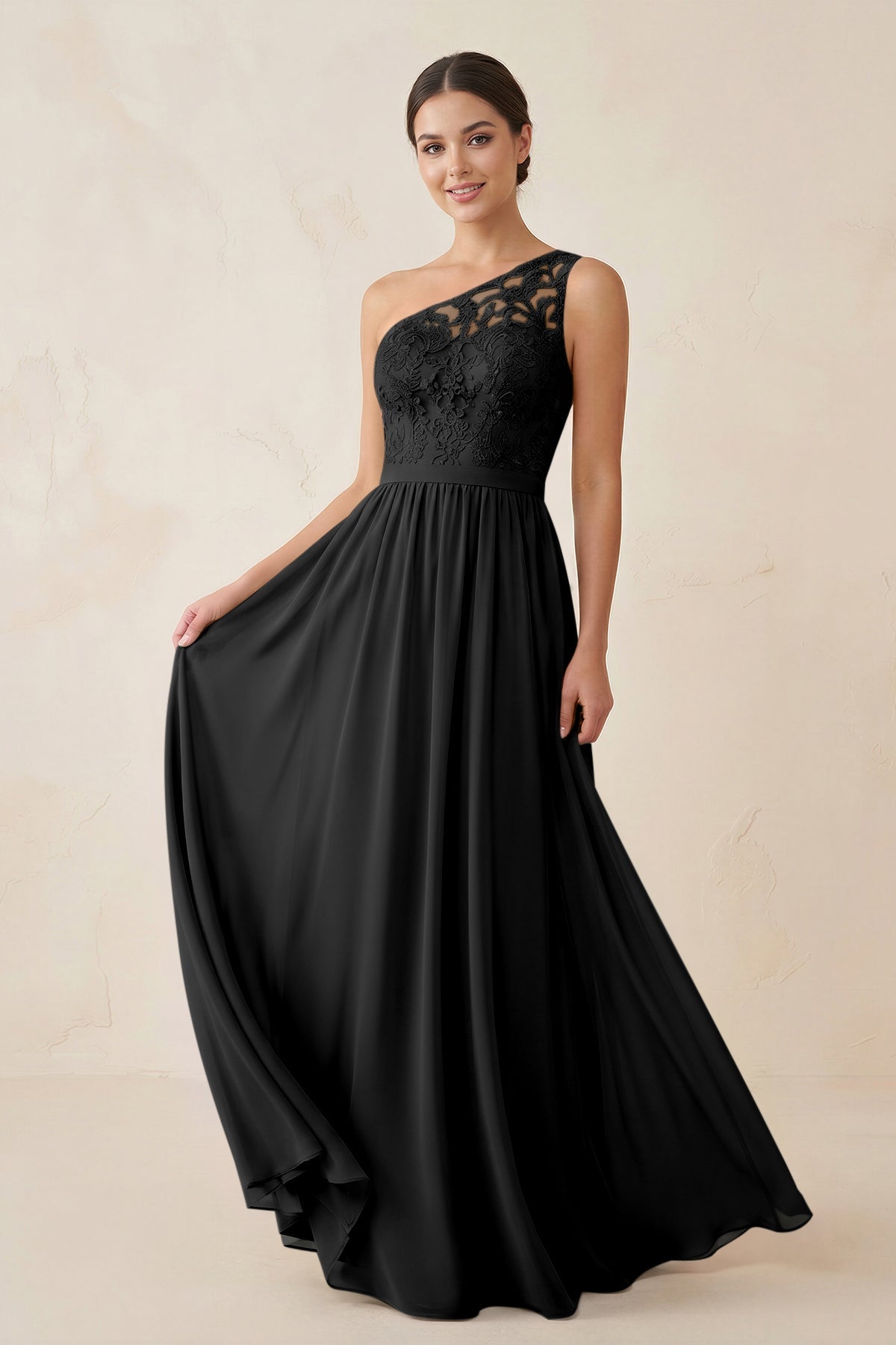 KissProm One-Shoulder Lace Chiffon A-Line Bridesmaid Dress in Black, Black / Custom Size( Free )