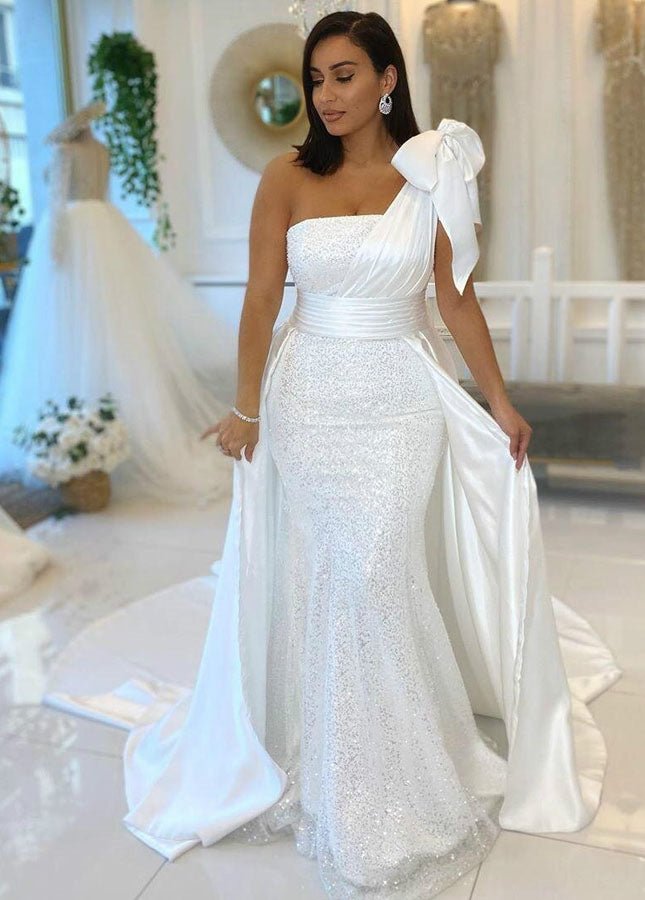 One Shoulder Mermaid Sleeveless Long Bridal Gowns with Overskirt, Diamond White / 2 One Shoulder Mermaid Sleeveless Long Bridal Gowns with Overskirt, Diamond White / 2
