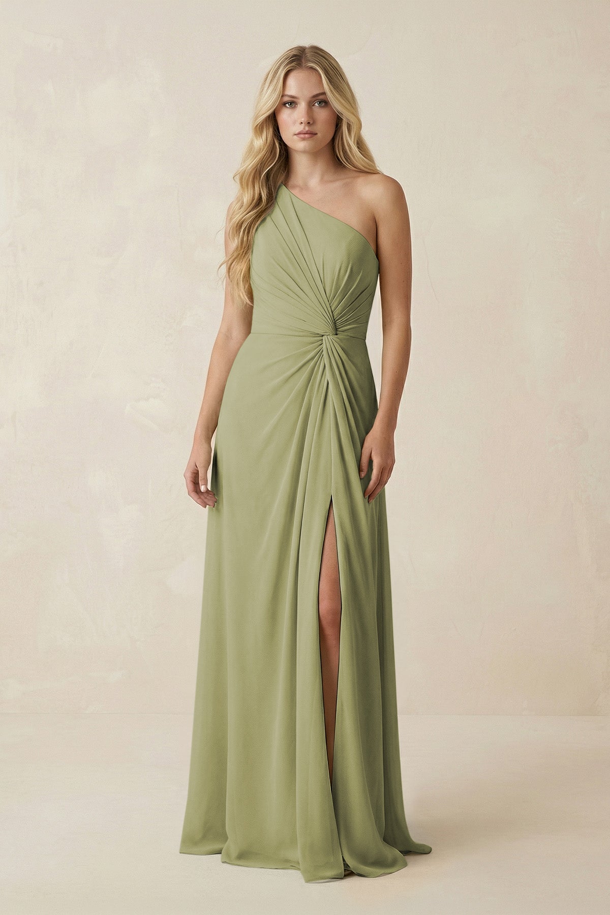 One-Shoulder Ruched A-Line Chiffon Bridesmaid Dress in Moss Green