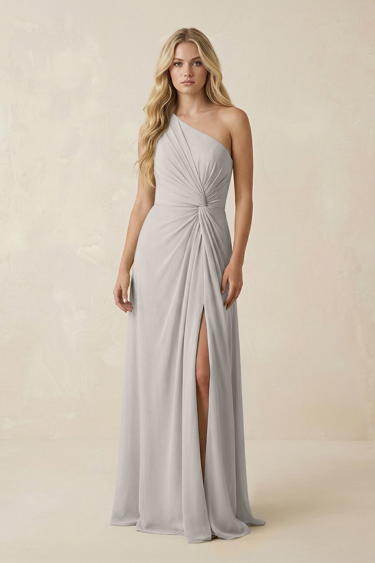 silver one shoulder bridesmaid dresses KissProm One-Shoulder Ruched A-Line Chiffon Dress in Silver, / 30 Formal dresses