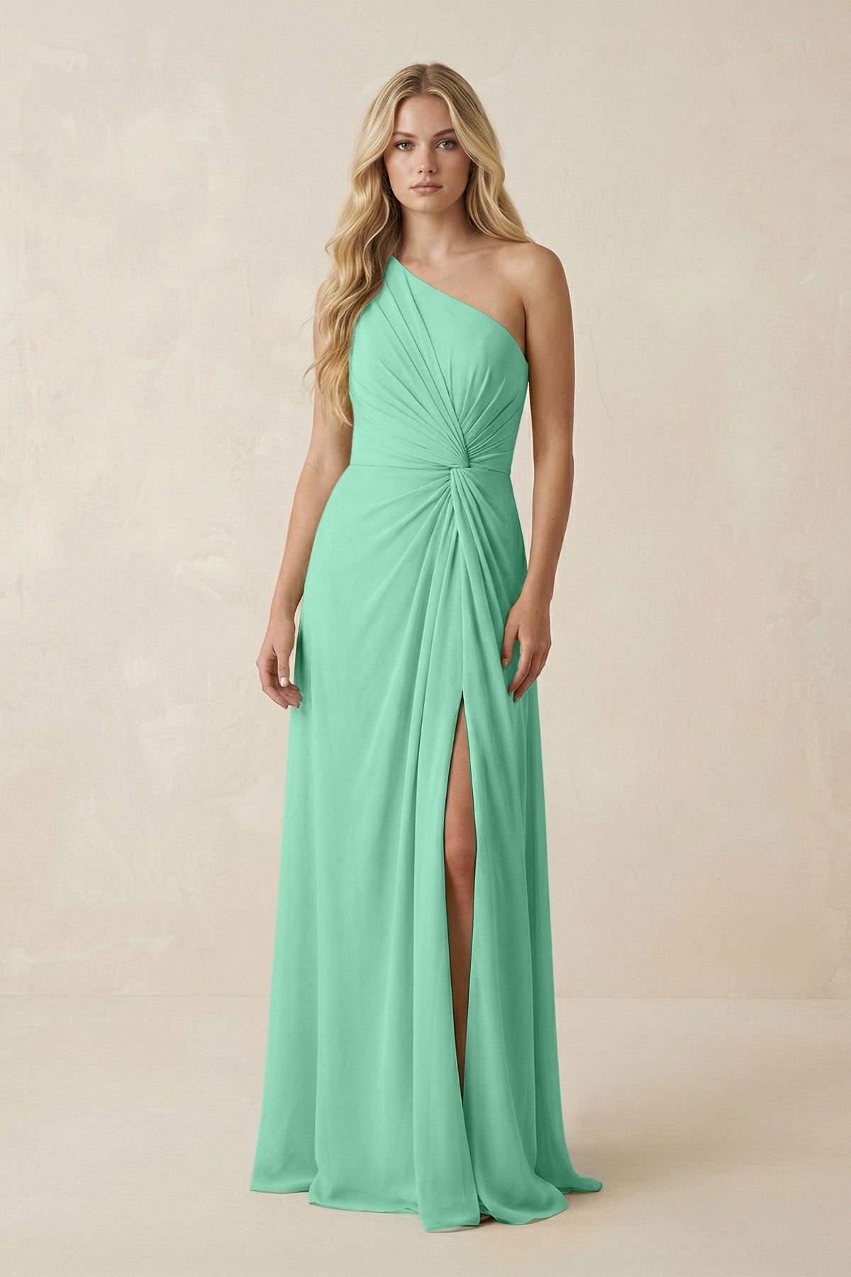 KissProm One-Shoulder Ruched A-Line Chiffon Bridesmaid Dress in Turquoise, Turquoise / Custom Size( Free )