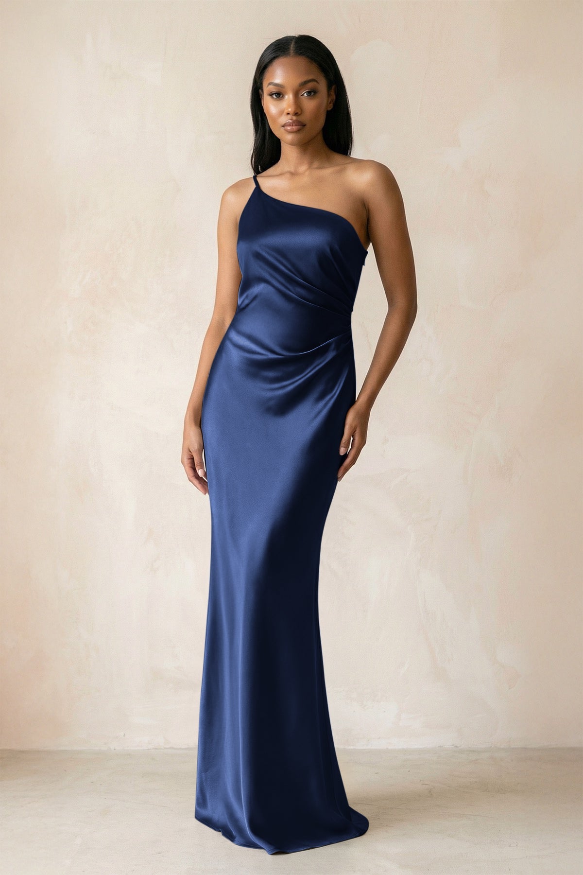 KissProm | One-Shoulder Sheath Ruched Bridesmaid Dress in Navy KissProm | One-Shoulder Sheath Ruched Bridesmaid Dress in Navy