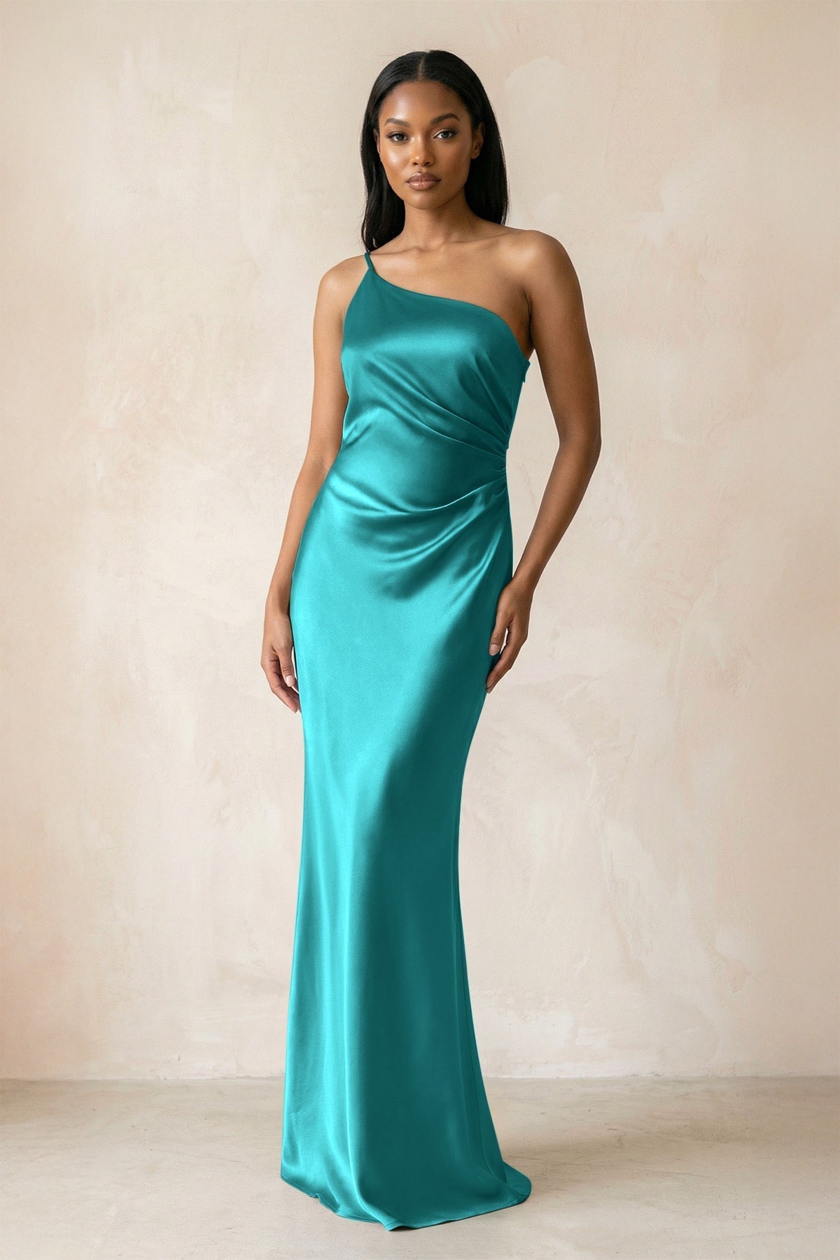 KissProm One-Shoulder Sheath Ruched Bridesmaid Dress in Turquoise, Turquoise / 14