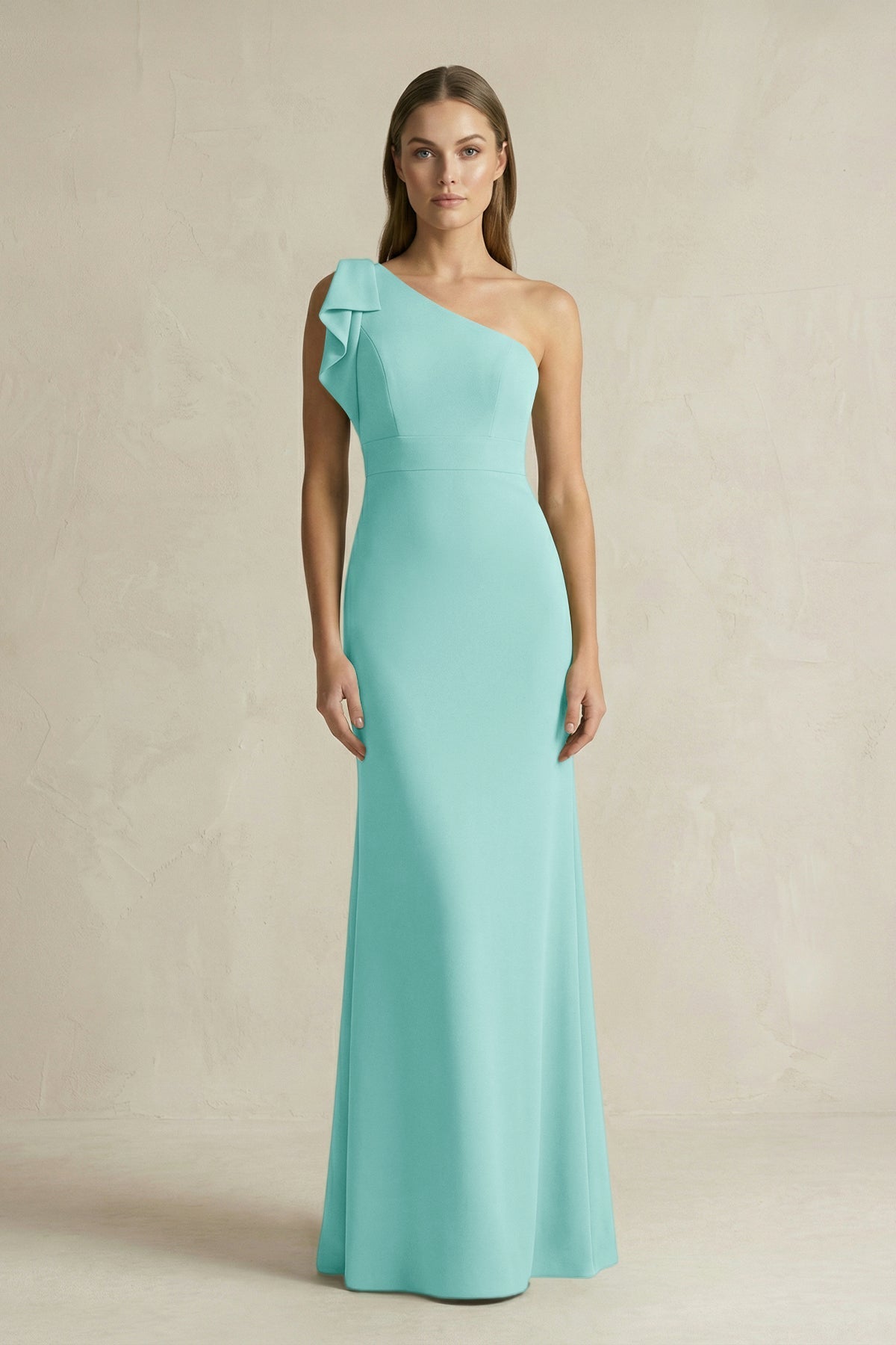 KissProm One-Shoulder Sheath Satin Long Bridesmaid Dress in Aqua, Aqua / Custom Size( Free )
