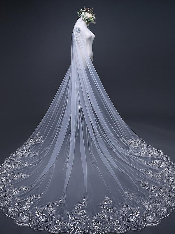 One Tier Cathedral Wedding Veils with Lace Applique - KissProm