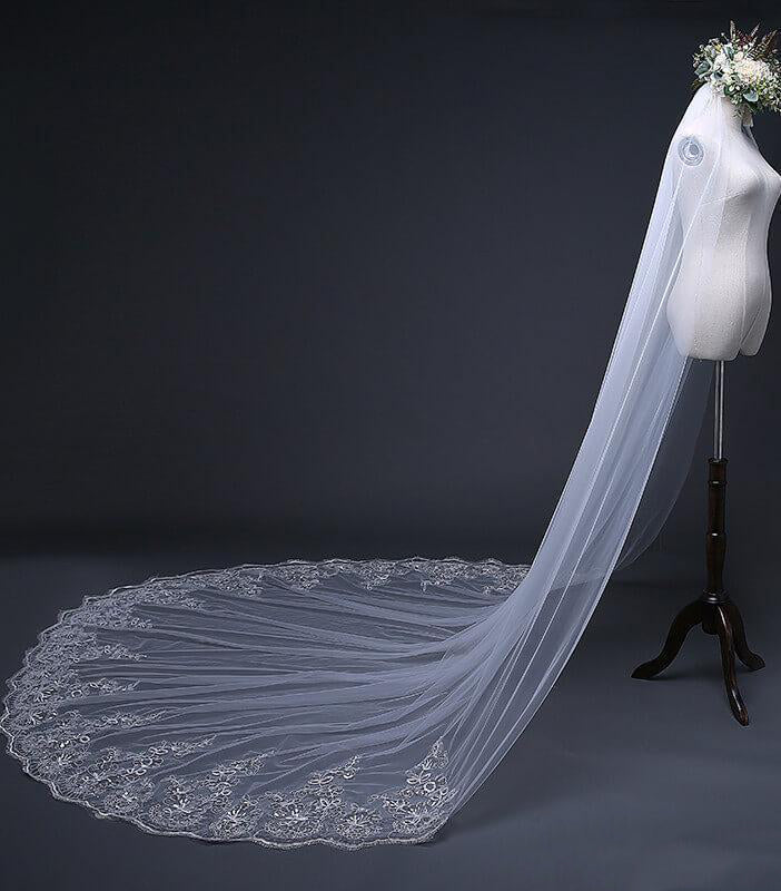 One Tier Cathedral Wedding Veils with Lace Applique - KissProm