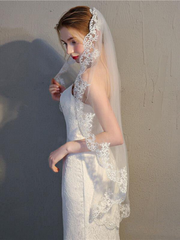 One Tier Short Wedding Veil Vintage - Inspired Lace Mantilla Veils - KissProm