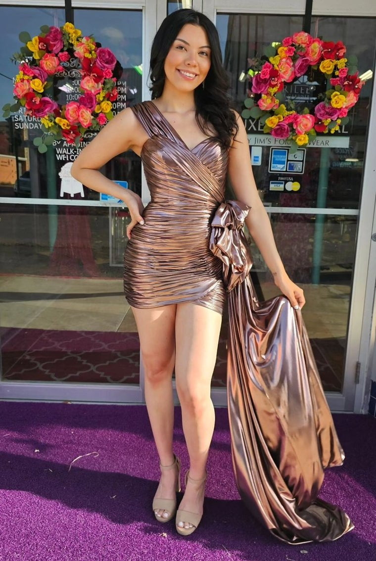 Lorie | Metallic Green One-Shoulder Ruched Homecoming Dress