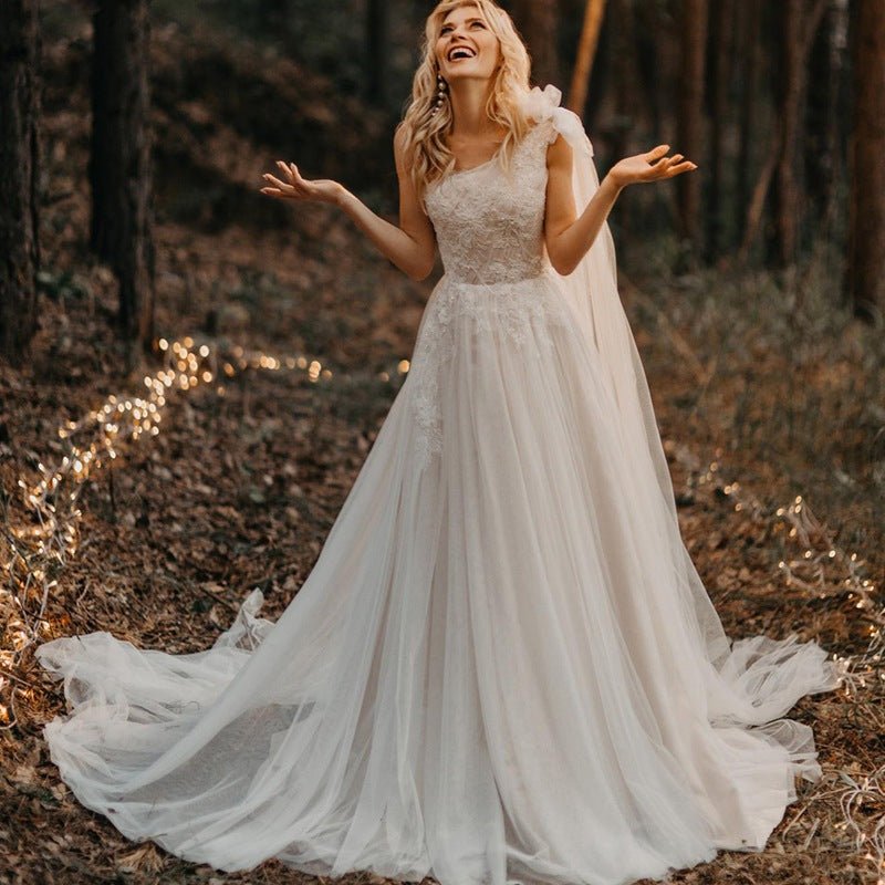 One Shoulder A Line Tulle Sleeveless Zipper Lace Wedding Dresses with Shawl, Ivory / 8 One Shoulder A Line Tulle Sleeveless Zipper Lace Wedding Dresses with Shawl, Ivory / 8