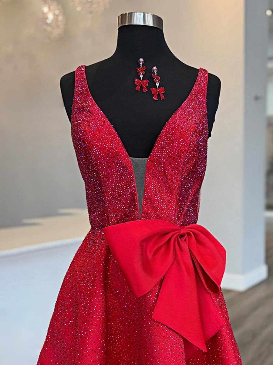 Onna | Red - V Neck A Line Satin Beaded Short Homecoming Dresses With Bow
