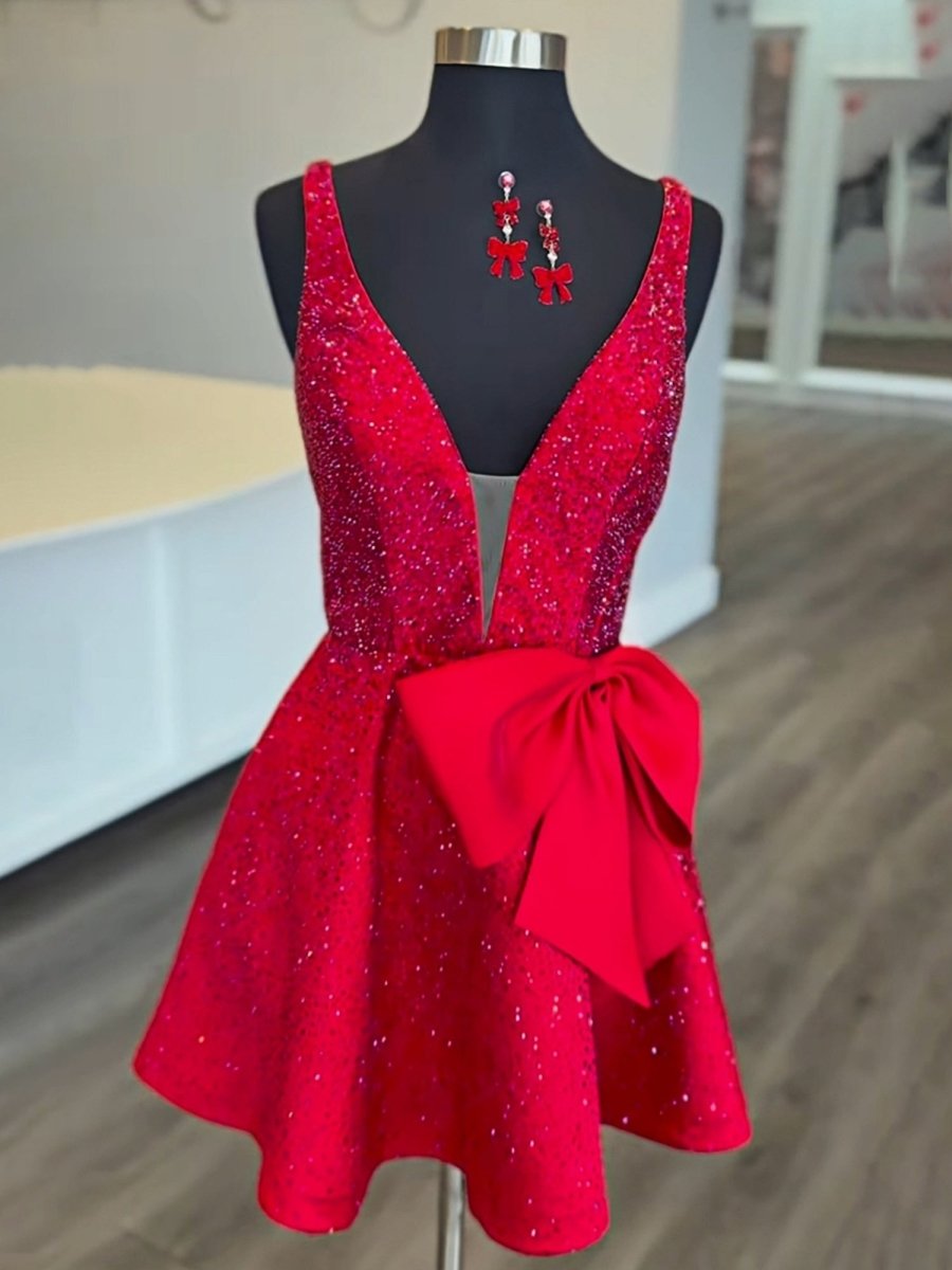 Onna | Red - V Neck A Line Satin Beaded Short Homecoming Dresses With Bow