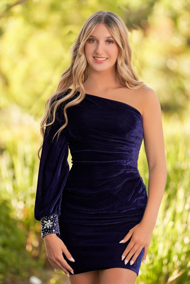Opal | Navy Blue Sheath One - Shoulder Long Sleeve Homecoming Dress - KissProm