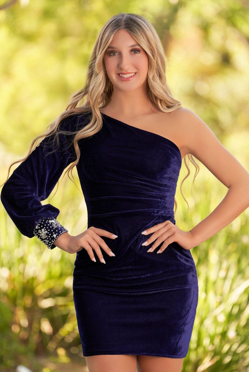 Opal | Navy Blue Sheath One - Shoulder Long Sleeve Homecoming Dress - KissProm