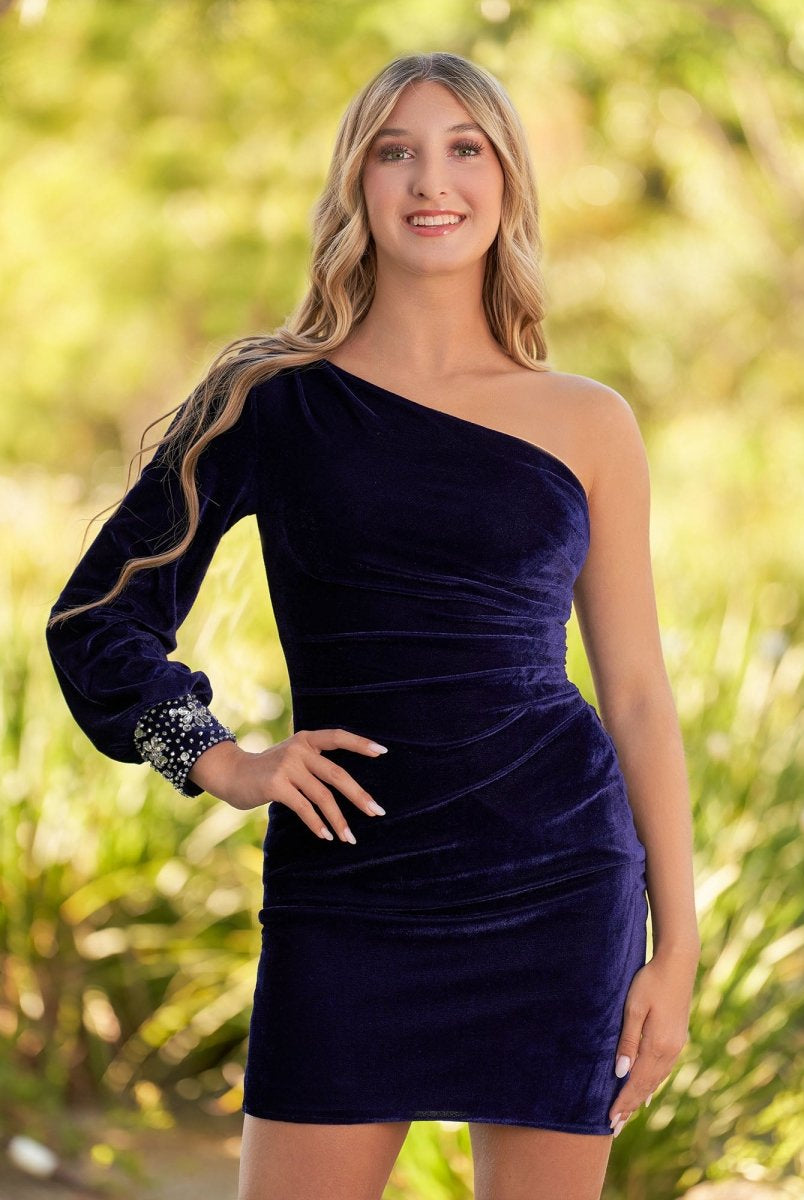 Opal | Navy Blue Sheath One - Shoulder Long Sleeve Homecoming Dress - KissProm