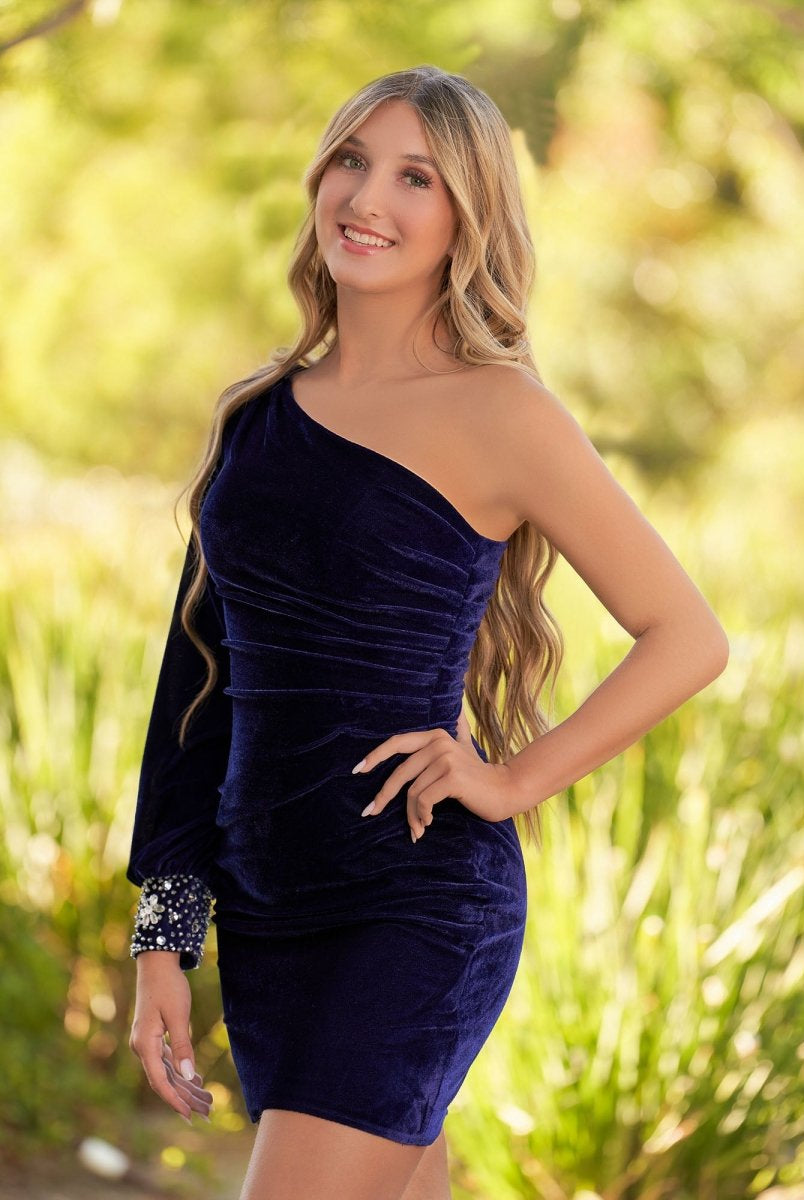 Opal | Navy Blue Sheath One - Shoulder Long Sleeve Homecoming Dress - KissProm