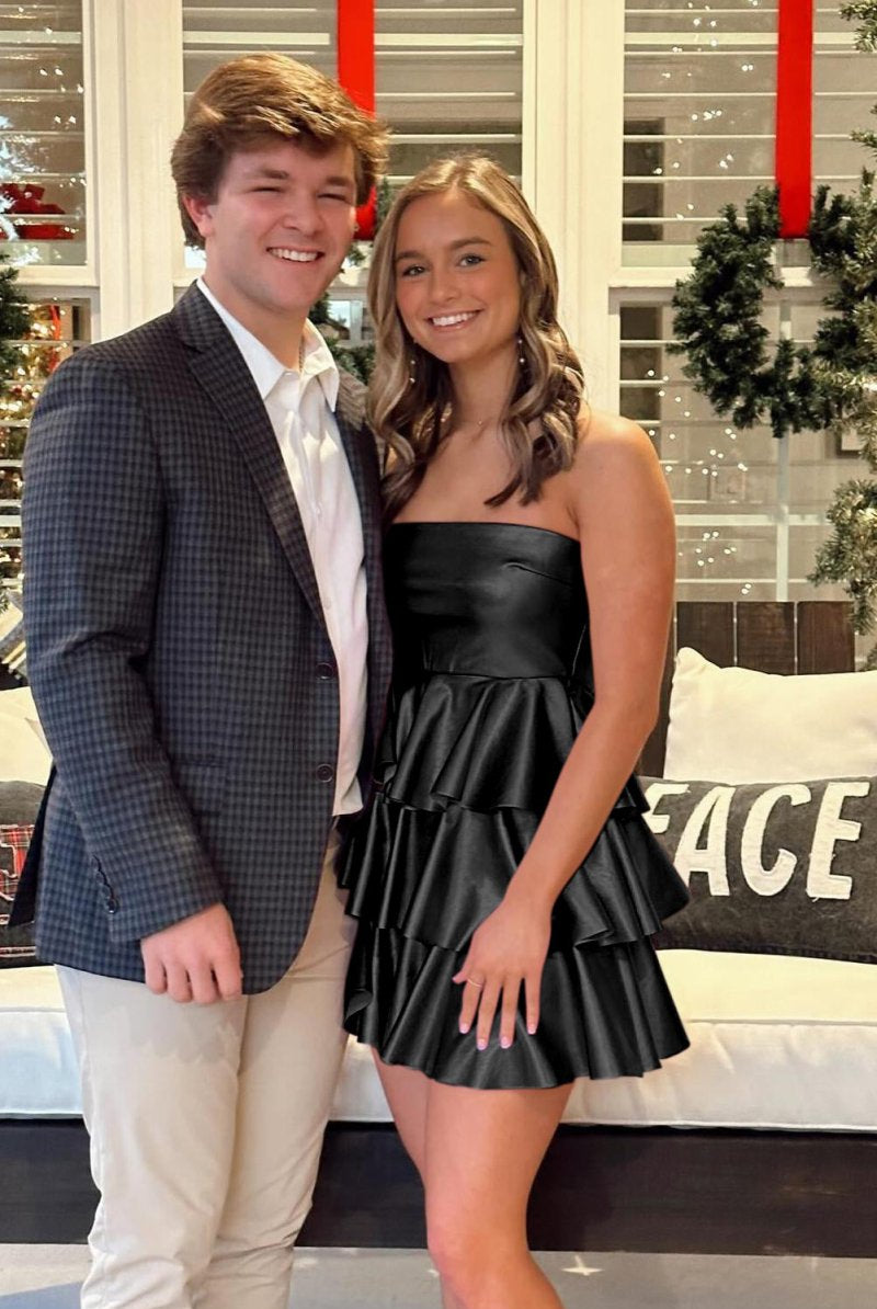 Opaline | Black - Strapless A Line Metallic Ruffle Short Homecoming Dress