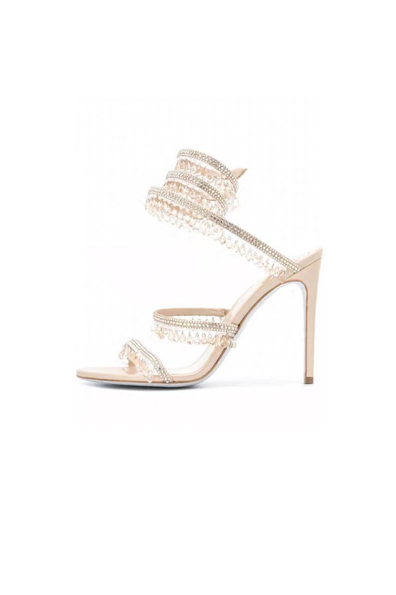 Open Toe Ankle Wrap Beaded Crystal Stiletto Heels