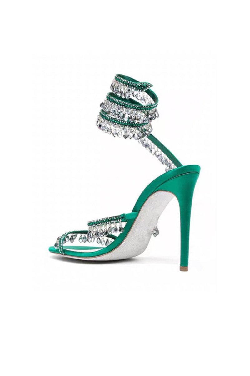 Open Toe Ankle Wrap Beaded Crystal Stiletto Heels