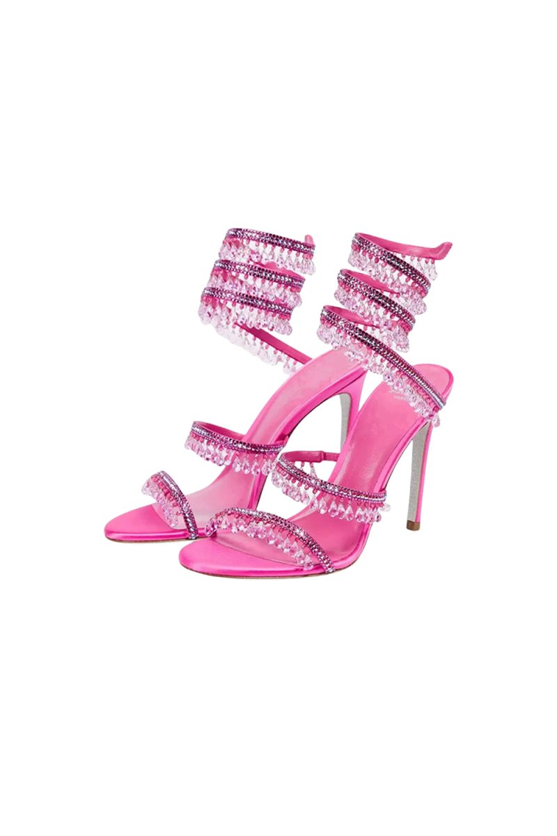 Open Toe Ankle Wrap Beaded Crystal Stiletto Heels
